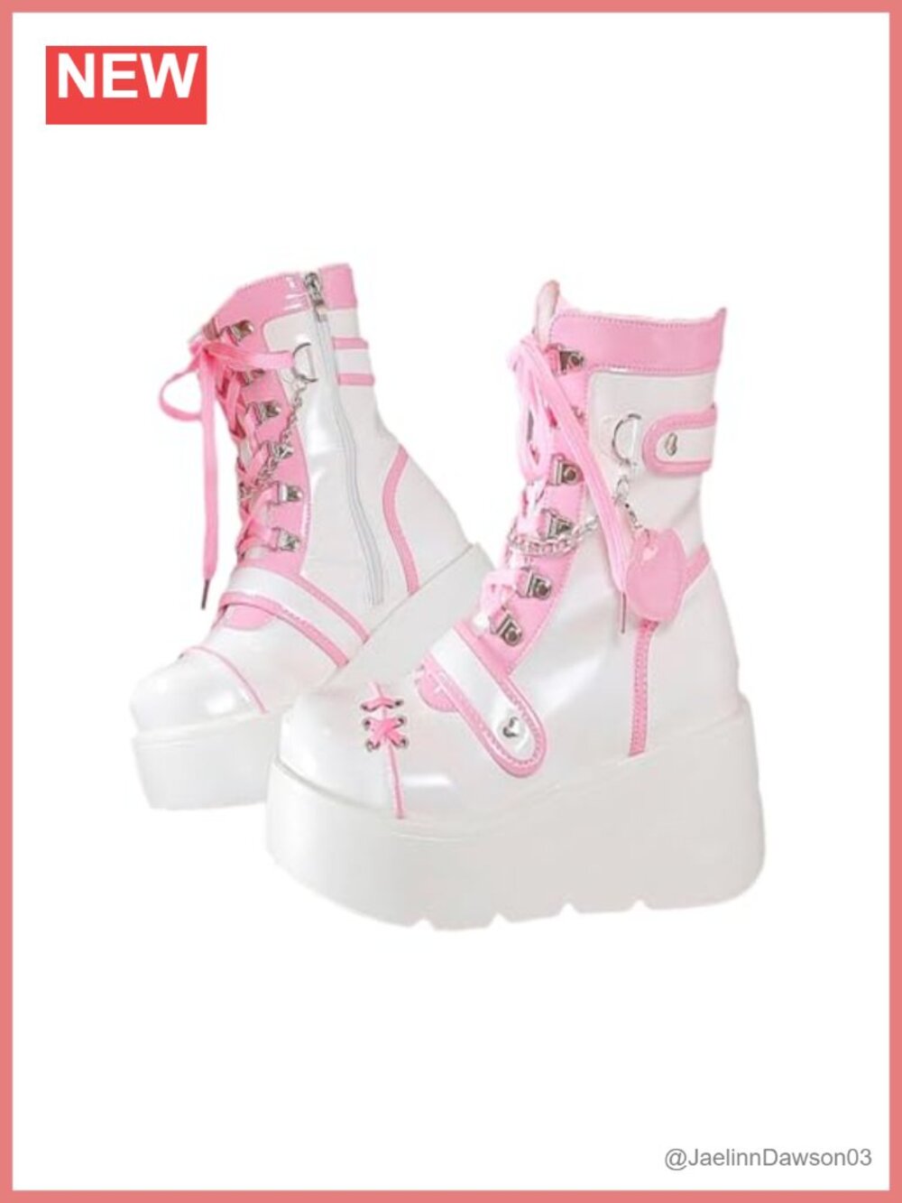 Faux Leather Platform Combat Boots with Chain, Lace-Up Chunky High Heel